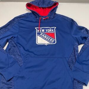 Majestic Blue Hoodie with Red Liner and New York Rangers Crest